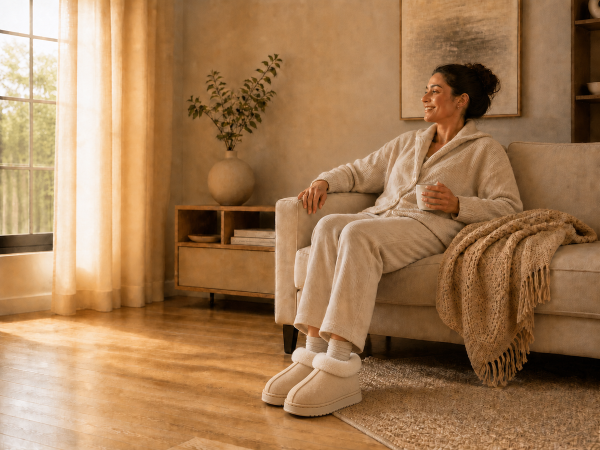 Woman wearing beige cozy indoor slippers in a warm living room