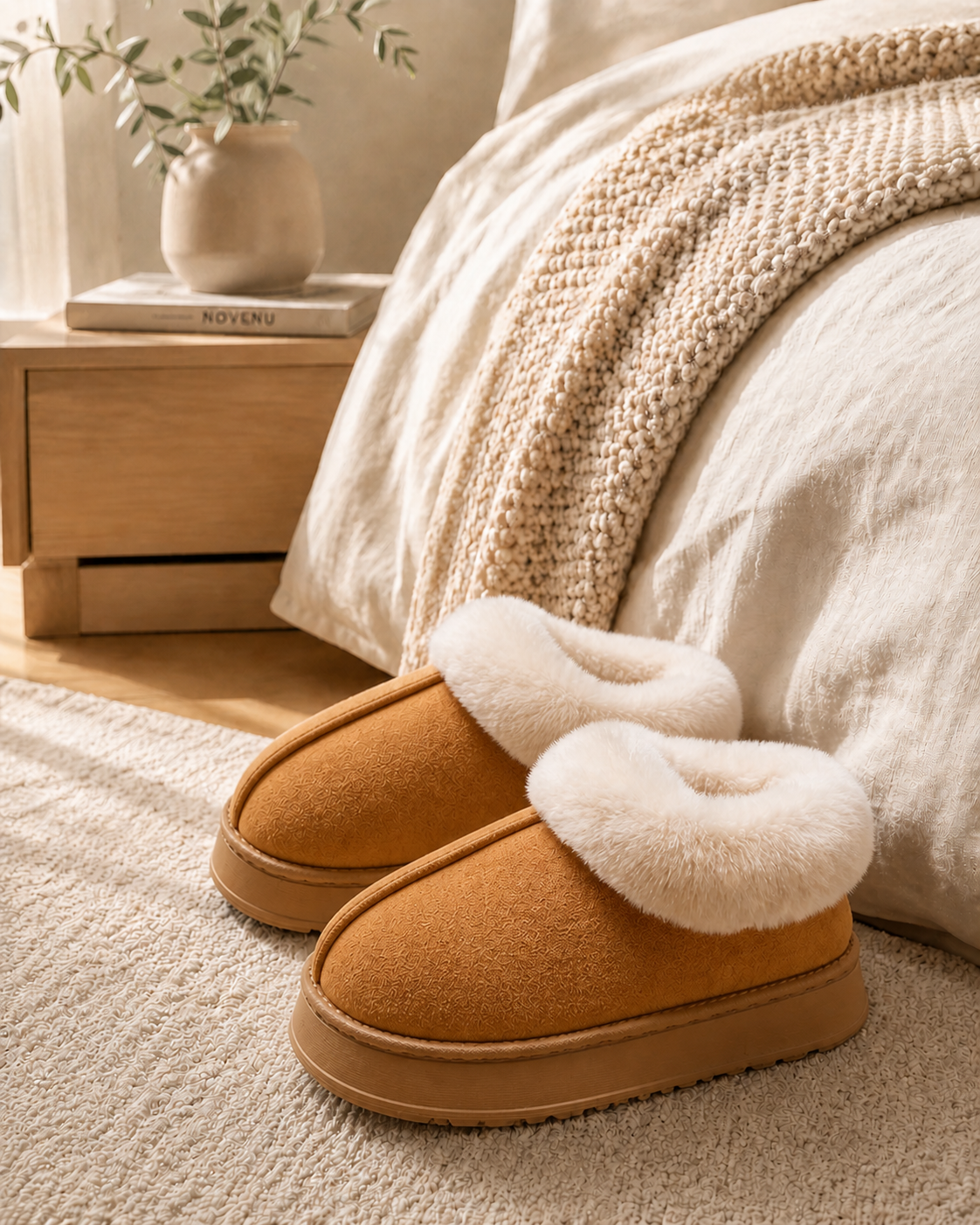 NOVENU premium plush-lined indoor slippers in khaki beside a warm neutral bed