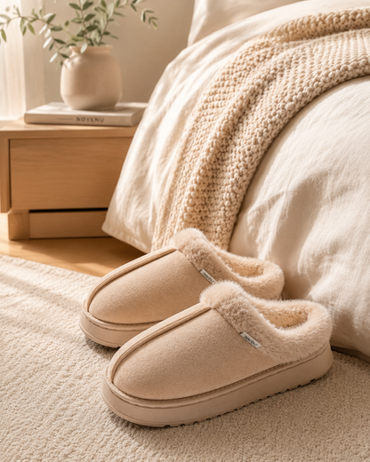 Beige Novenu cozy slippers beside a bed in a warm bedroom