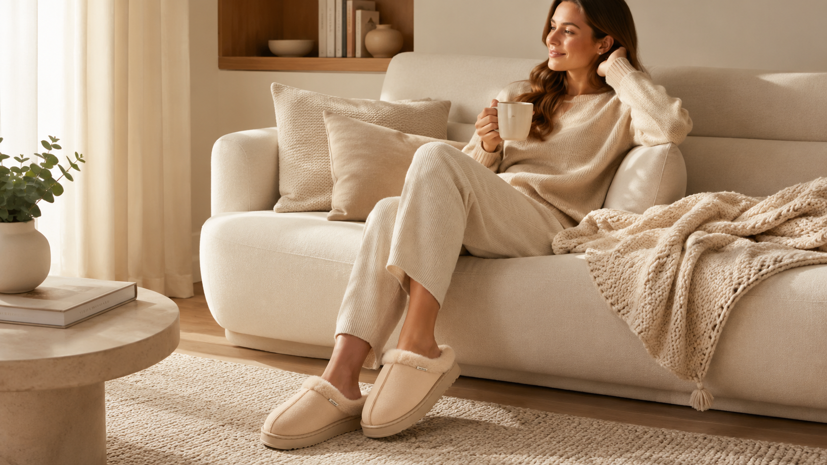 Woman relaxing at home in a warm living room wearing NOVENU CloudSoft™ slippers