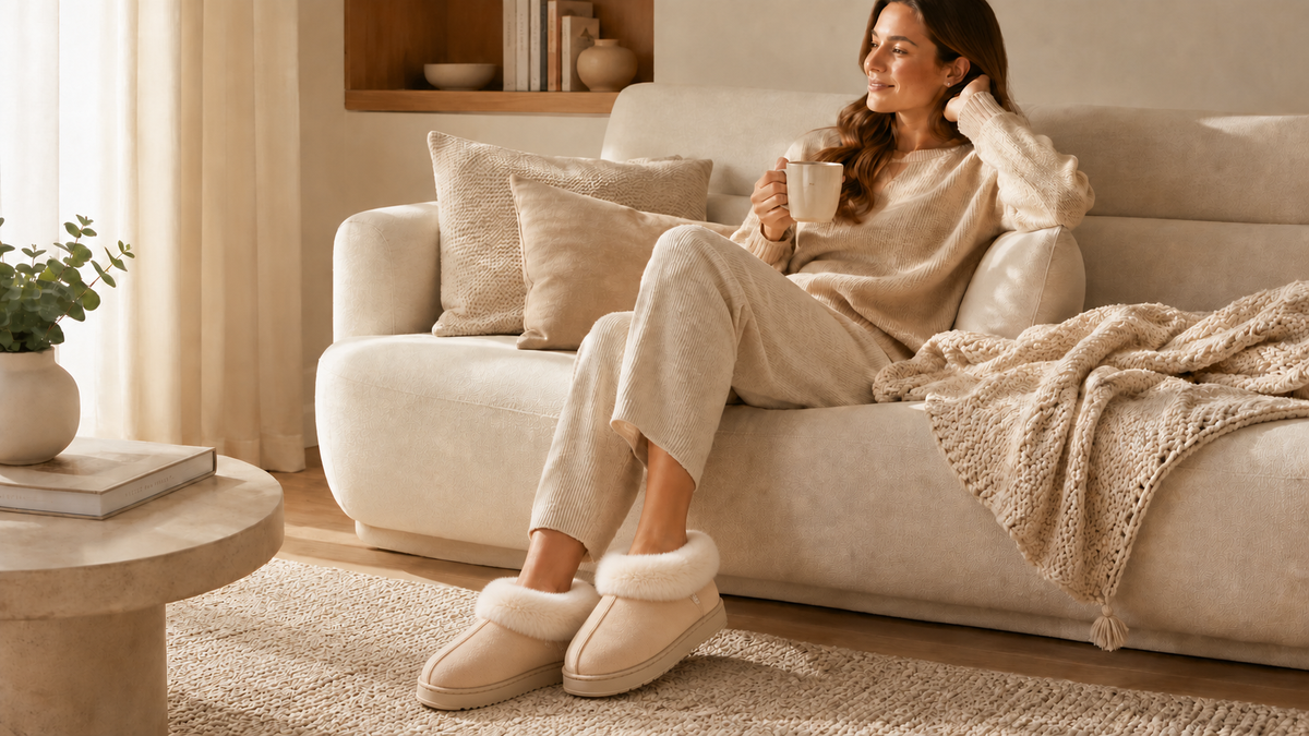 Woman relaxing at home in a warm living room wearing beige cozy indoor slippers