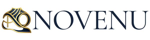 Novenu logo horizontal dorado y azul marino sobre fondo transparente