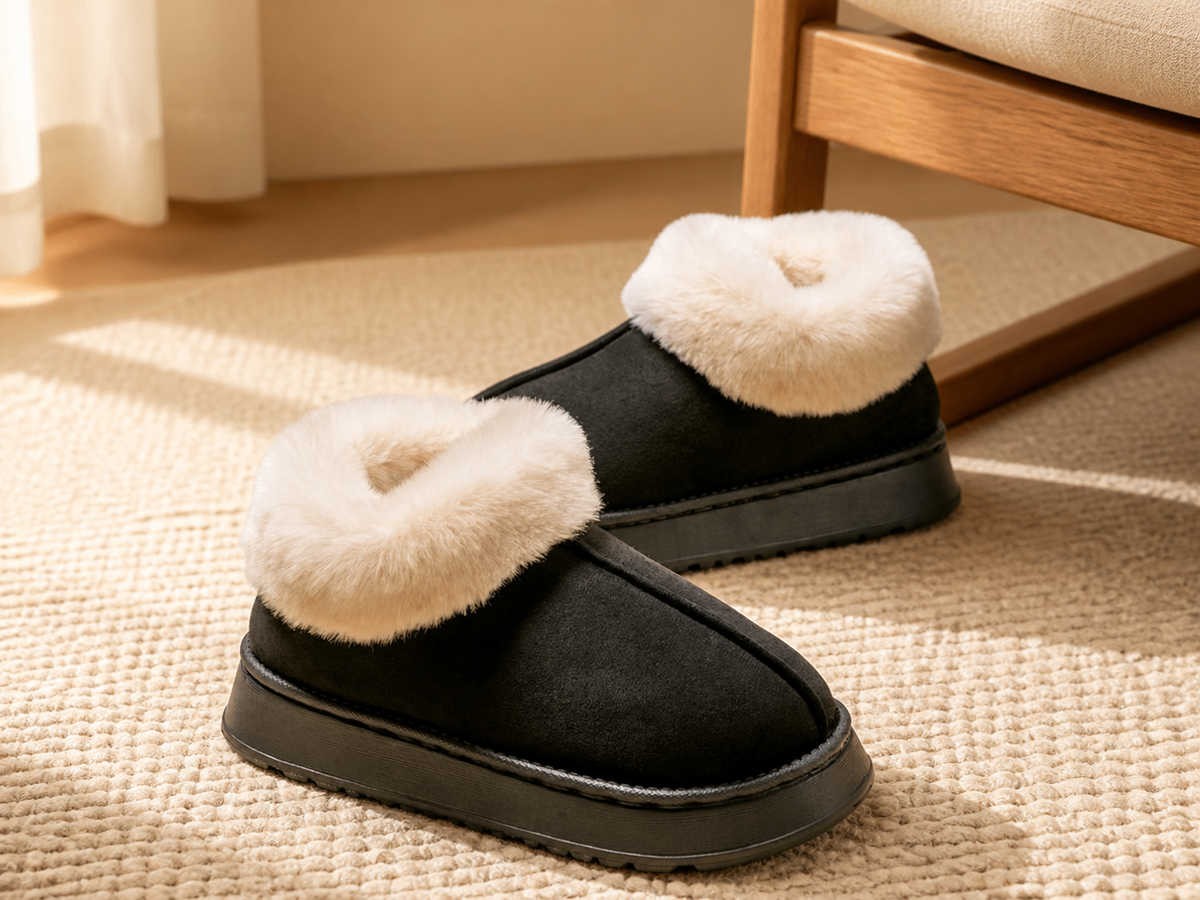 Black NOVENU premium plush-lined indoor slippers in a cozy room