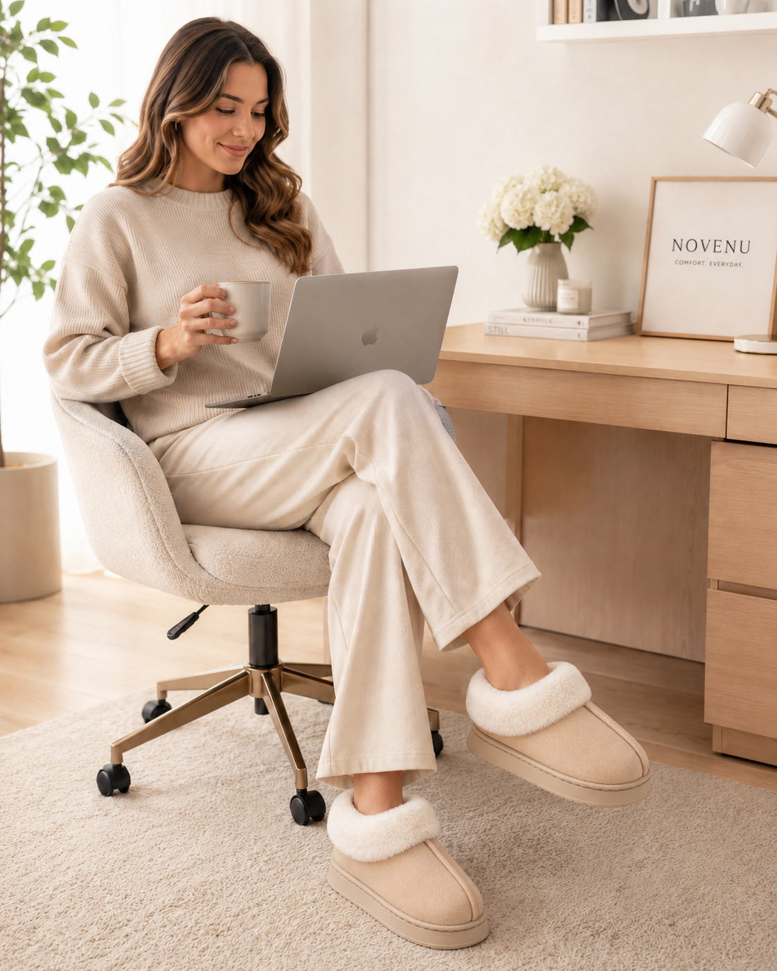 Woman working from home in NOVENU premium plush-lined indoor slippers